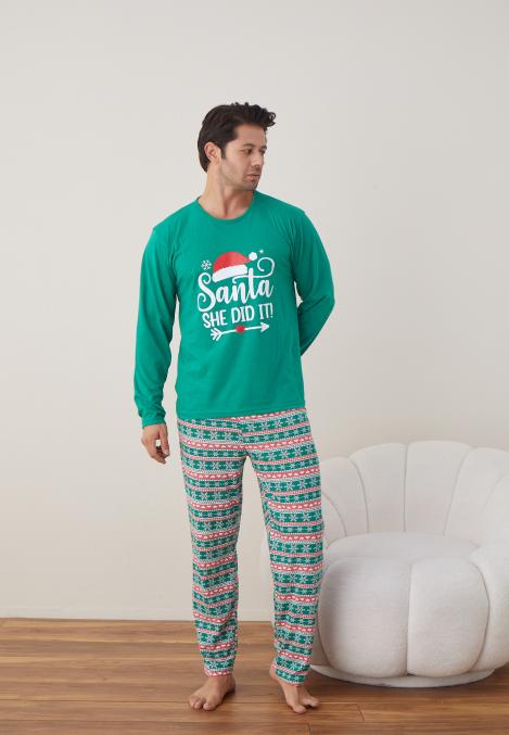 Pijama barbati Craciun "SANTA SHE DID IT" , maneca lunga ,pantaloni lungi,Culoare Verde,Engros